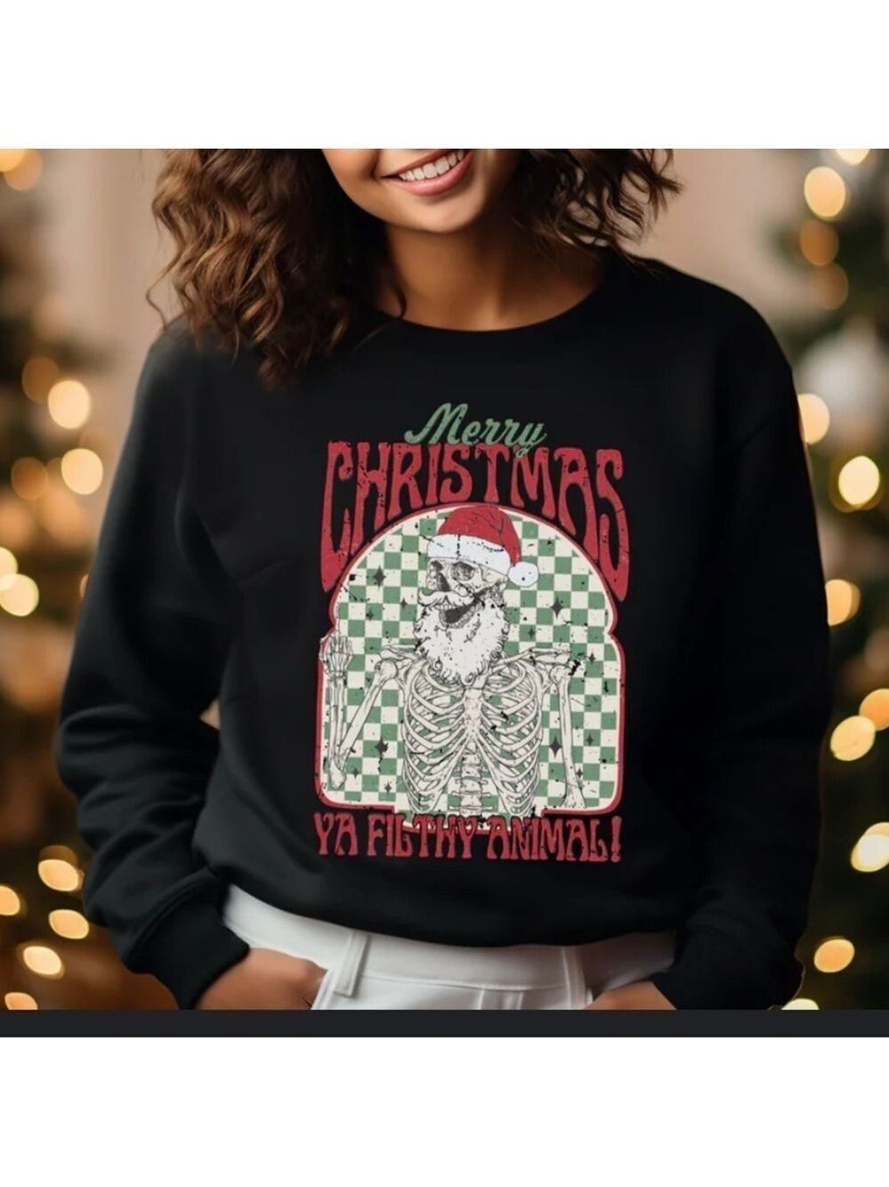 Merry Christmas Ya Filthy Animal Skellie Unisex Crewneck Sweatshirt black large